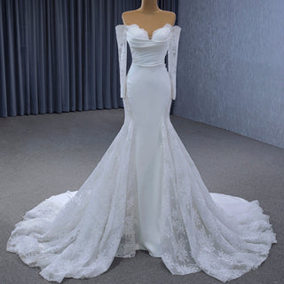 High-end Satin Lace Wedding Dress with Off the Shoulder Long Sleeve - Rosymae