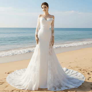 High-end Satin Lace Wedding Dress with Off the Shoulder Long Sleeve - Rosymae