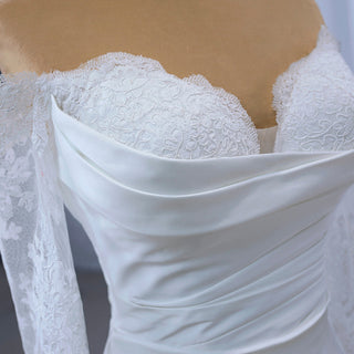 High-end Satin Lace Wedding Dress with Off the Shoulder Long Sleeve - Rosymae