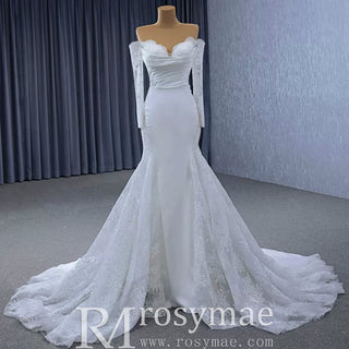 High-end Satin Lace Wedding Dress with Off the Shoulder Long Sleeve - Rosymae