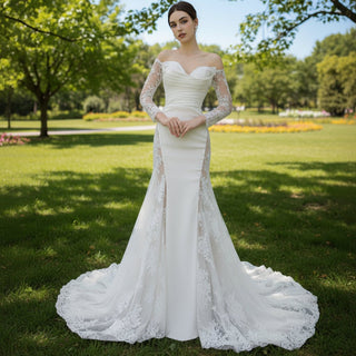 High-end Satin Lace Wedding Dress with Off the Shoulder Long Sleeve - Rosymae