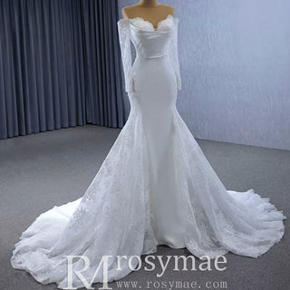 High-end Satin Lace Wedding Dress with Off the Shoulder Long Sleeve - Rosymae