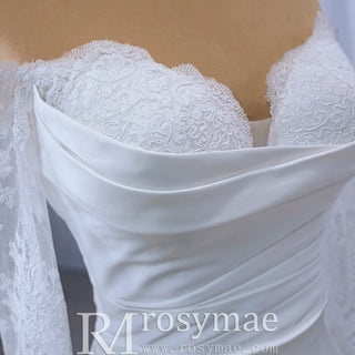 High-end Satin Lace Wedding Dress with Off the Shoulder Long Sleeve - Rosymae