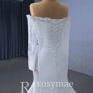 High-end Satin Lace Wedding Dress with Off the Shoulder Long Sleeve - Rosymae