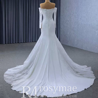 High-end Satin Lace Wedding Dress with Off the Shoulder Long Sleeve - Rosymae