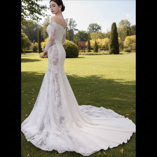 High-end Satin Lace Wedding Dress with Off the Shoulder Long Sleeve - Rosymae