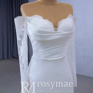 High-end Satin Lace Wedding Dress with Off the Shoulder Long Sleeve - Rosymae