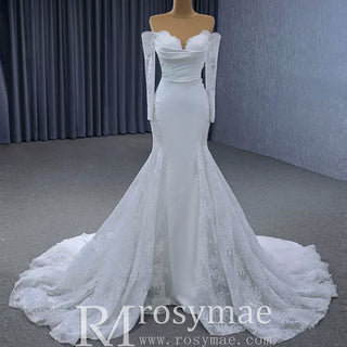 High-end Satin Lace Wedding Dress with Off the Shoulder Long Sleeve - Rosymae