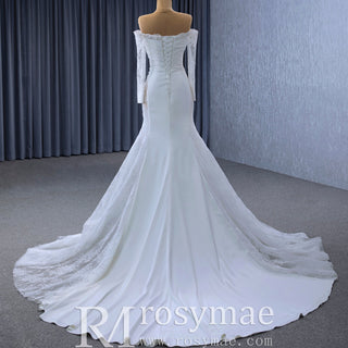 High-end Satin Lace Wedding Dress with Off the Shoulder Long Sleeve - Rosymae