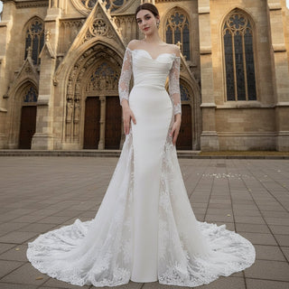 High-end Satin Lace Wedding Dress with Off the Shoulder Long Sleeve - Rosymae