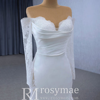 High-end Satin Lace Wedding Dress with Off the Shoulder Long Sleeve - Rosymae