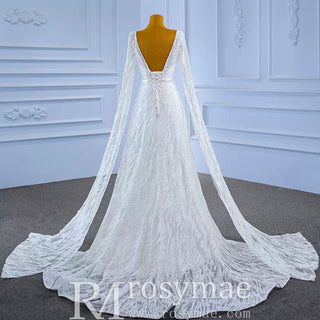 High-end Sequins Vneck Wedding Dress with Long Cape Sleeve - Rosymae