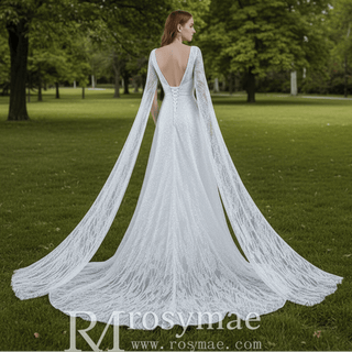 High-end Sequins Vneck Wedding Dress with Long Cape Sleeve - Rosymae