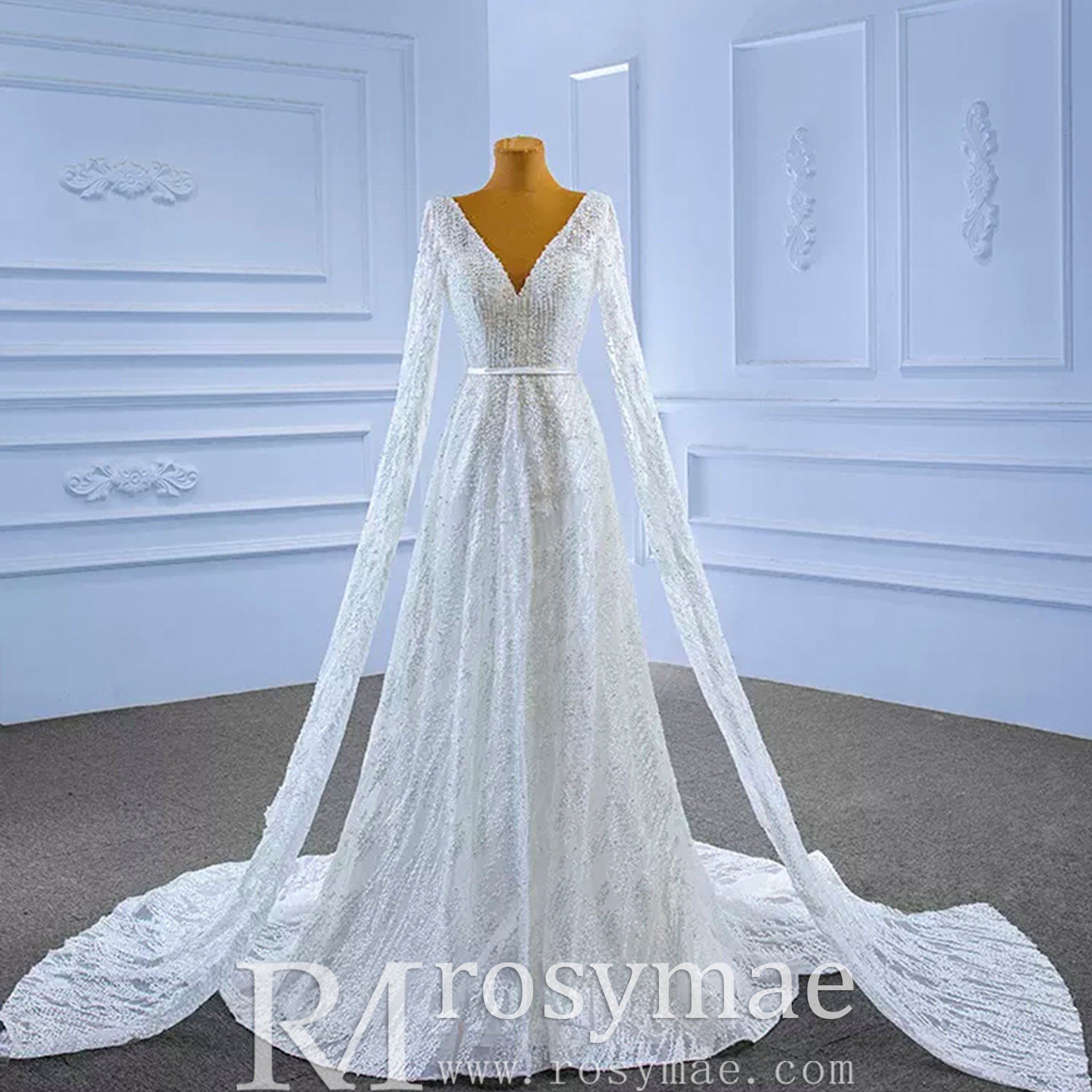High-end Sequins Vneck Wedding Dress with Long Cape Sleeve - Rosymae