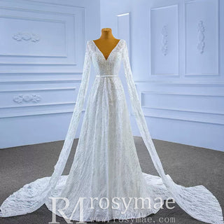 High-end Sequins Vneck Wedding Dress with Long Cape Sleeve - Rosymae