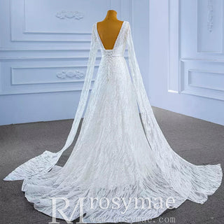 High-end Sequins Vneck Wedding Dress with Long Cape Sleeve - Rosymae