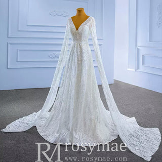 High-end Sequins Vneck Wedding Dress with Long Cape Sleeve - Rosymae
