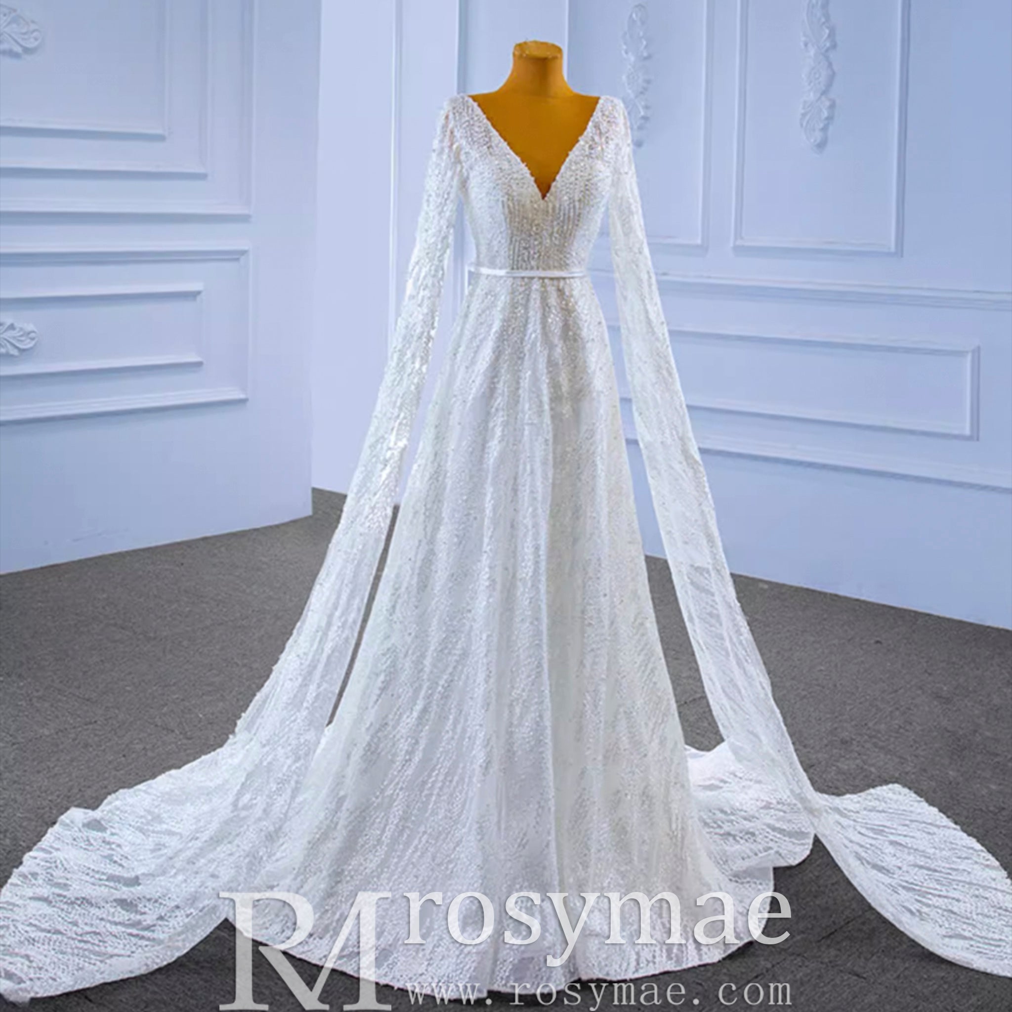 High-end Sequins Vneck Wedding Dress with Long Cape Sleeve - Rosymae
