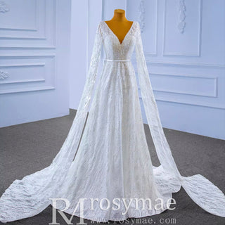 High-end Sequins Vneck Wedding Dress with Long Cape Sleeve - Rosymae