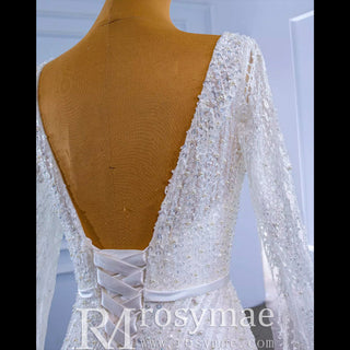 High-end Sequins Vneck Wedding Dress with Long Cape Sleeve - Rosymae