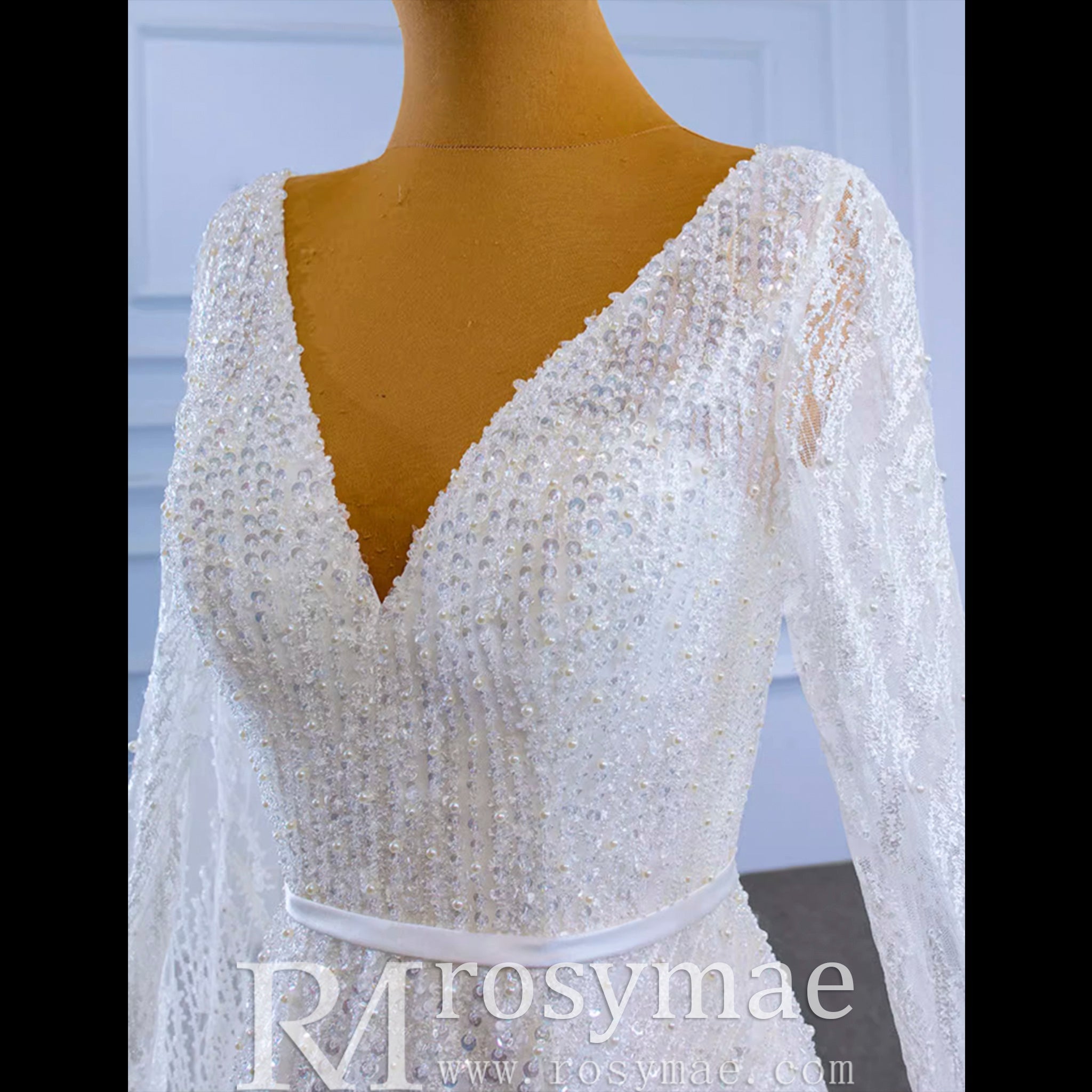 High-end Sequins Vneck Wedding Dress with Long Cape Sleeve - Rosymae