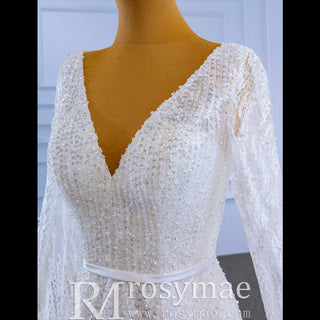 High-end Sequins Vneck Wedding Dress with Long Cape Sleeve - Rosymae