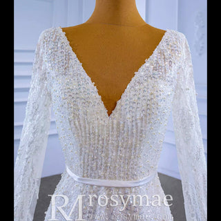 High-end Sequins Vneck Wedding Dress with Long Cape Sleeve - Rosymae
