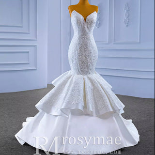 High-end Trumpet Wedding Dress Strapless Lace Appliqued Wedding Gown - Rosymae