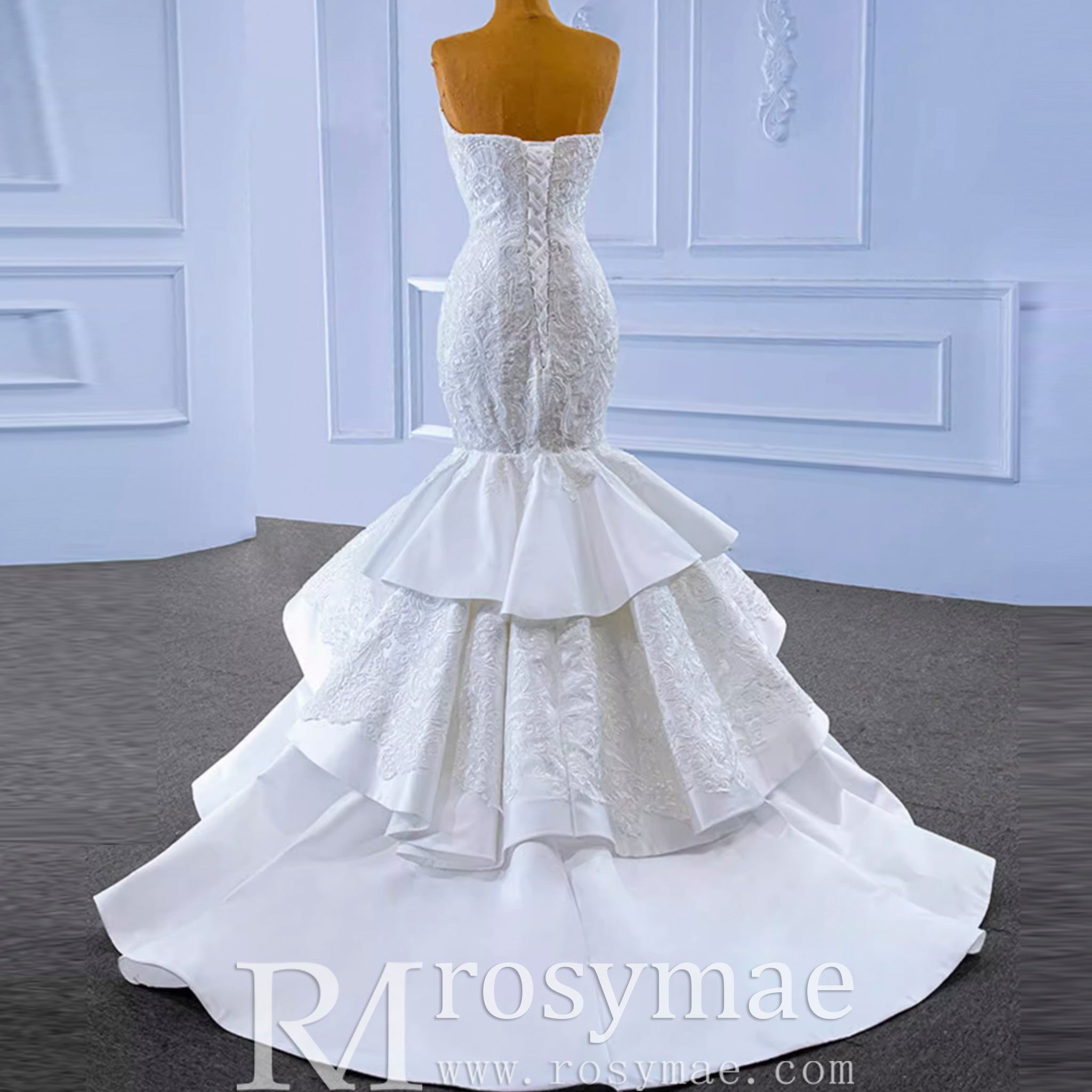 High-end Trumpet Wedding Dress Strapless Lace Appliqued Wedding Gown - Rosymae
