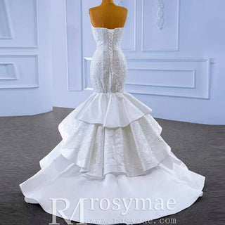 High-end Trumpet Wedding Dress Strapless Lace Appliqued Wedding Gown - Rosymae