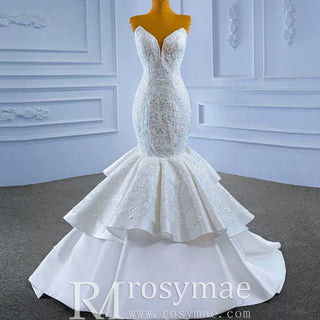 High-end Trumpet Wedding Dress Strapless Lace Appliqued Wedding Gown - Rosymae