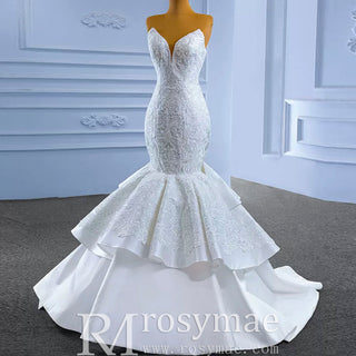 High-end Trumpet Wedding Dress Strapless Lace Appliqued Wedding Gown - Rosymae