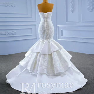 High-end Trumpet Wedding Dress Strapless Lace Appliqued Wedding Gown - Rosymae