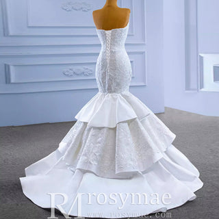 High-end Trumpet Wedding Dress Strapless Lace Appliqued Wedding Gown - Rosymae