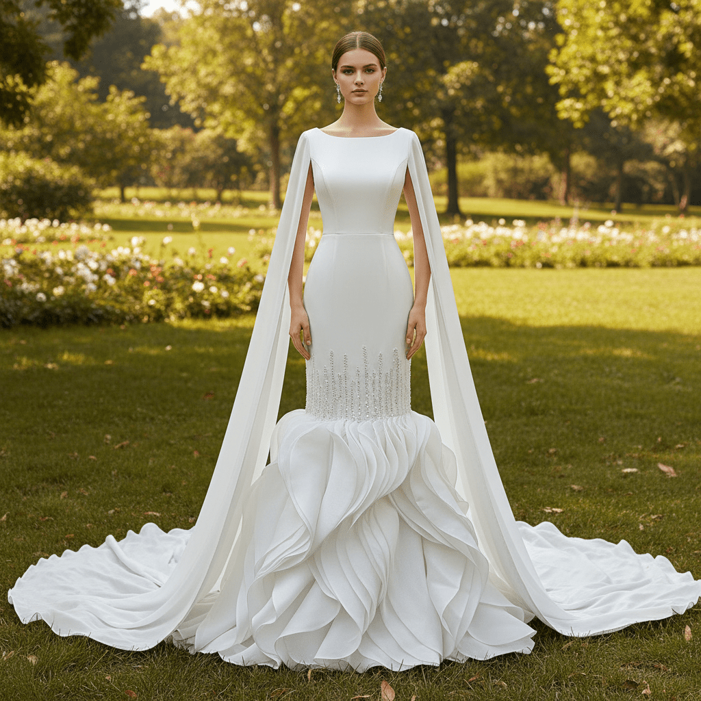 High-end Unique Ruffles Trumpet Wedding Dress With Long Sleeve - Rosymae