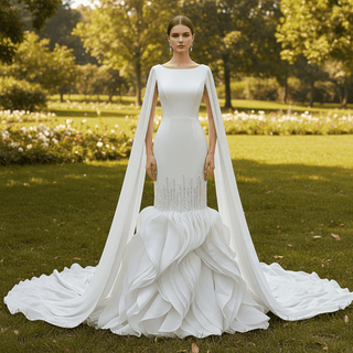 High-end Unique Ruffles Trumpet Wedding Dress With Long Sleeve - Rosymae