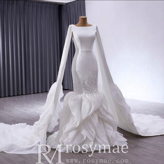 High-end Unique Ruffles Trumpet Wedding Dress With Long Sleeve - Rosymae