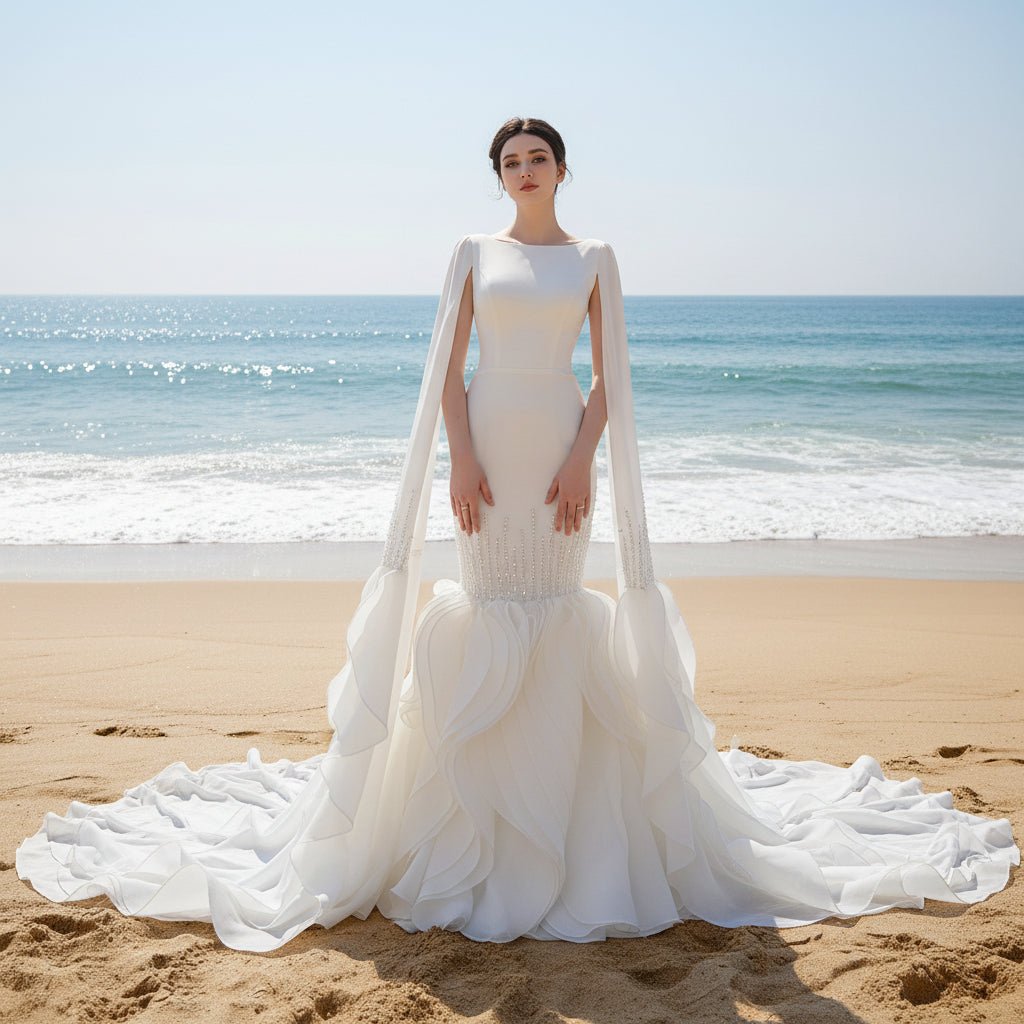 High-end Unique Ruffles Trumpet Wedding Dress With Long Sleeve - Rosymae