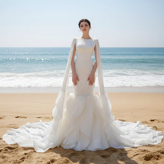 High-end Unique Ruffles Trumpet Wedding Dress With Long Sleeve - Rosymae