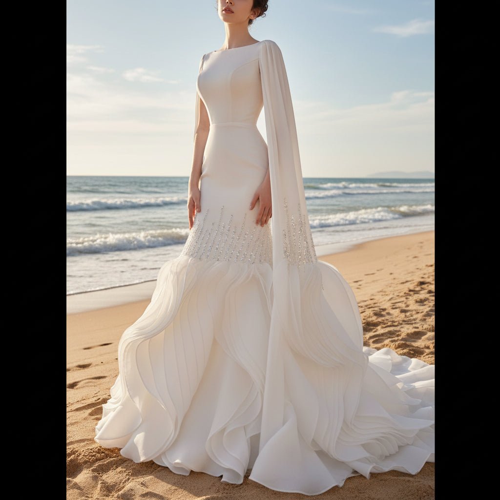 High-end Unique Ruffles Trumpet Wedding Dress With Long Sleeve - Rosymae