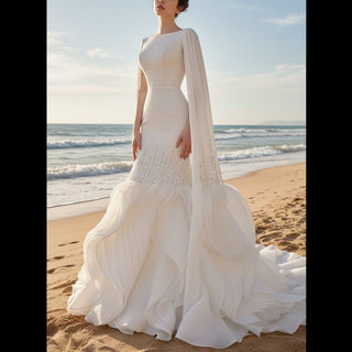 High-end Unique Ruffles Trumpet Wedding Dress With Long Sleeve - Rosymae