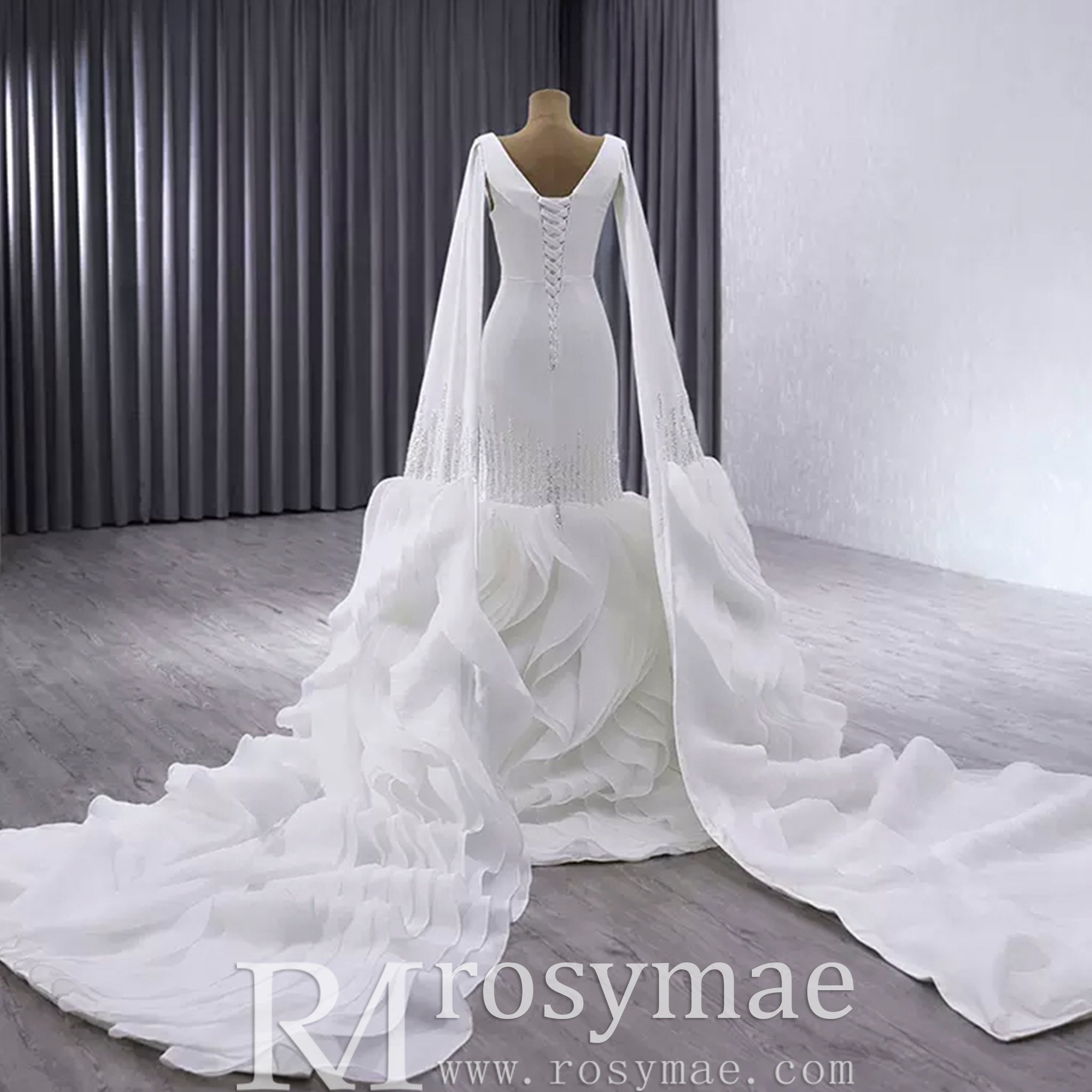 High-end Unique Ruffles Trumpet Wedding Dress With Long Sleeve - Rosymae