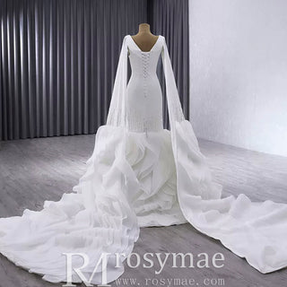 High-end Unique Ruffles Trumpet Wedding Dress With Long Sleeve - Rosymae