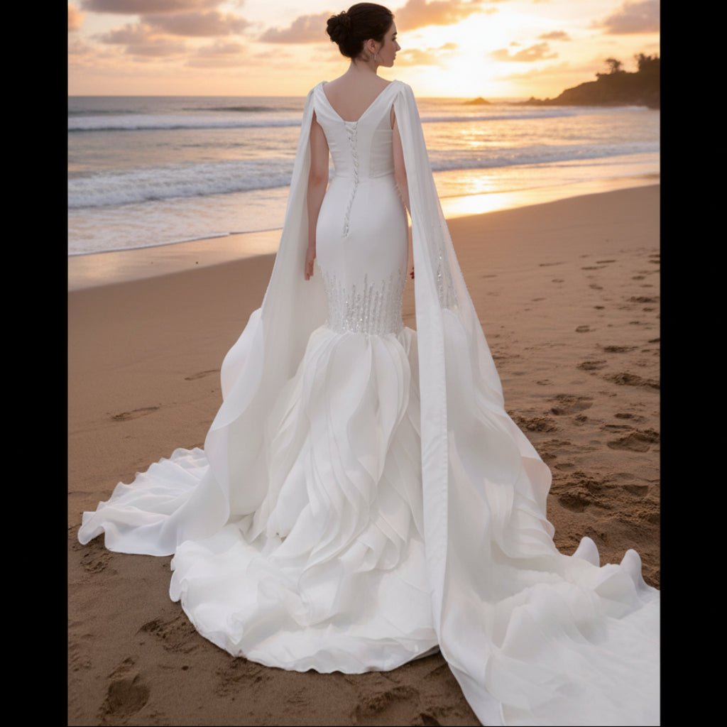 High-end Unique Ruffles Trumpet Wedding Dress With Long Sleeve - Rosymae