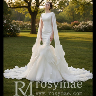 High-end Unique Ruffles Trumpet Wedding Dress With Long Sleeve - Rosymae