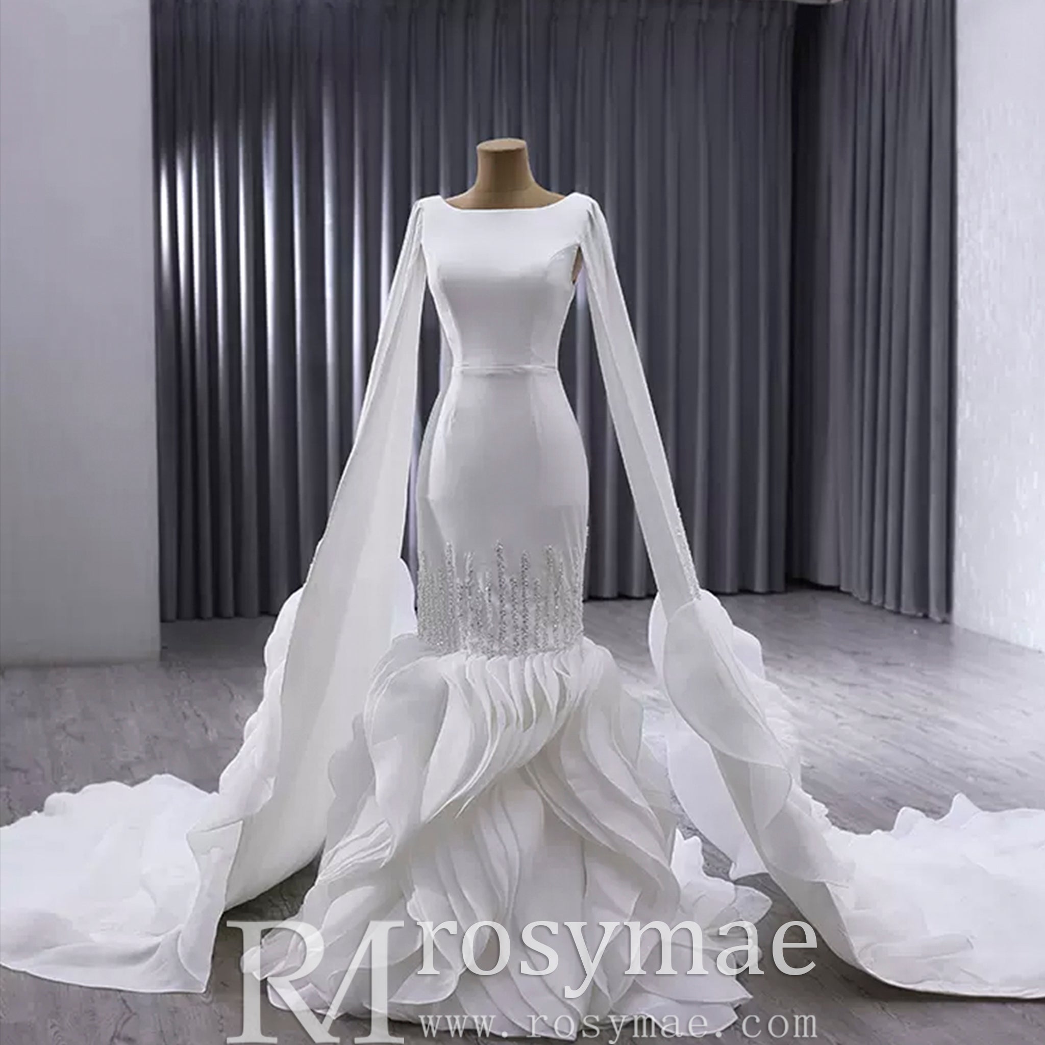 High-end Unique Ruffles Trumpet Wedding Dress With Long Sleeve - Rosymae