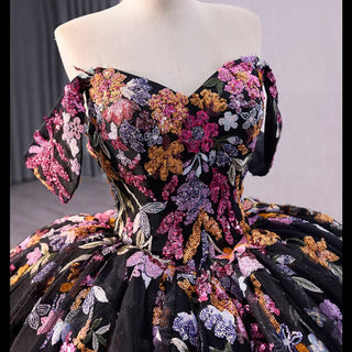 High-end Vintage Black Handmade Sequins Lace Quinceanera Dress - Rosymae