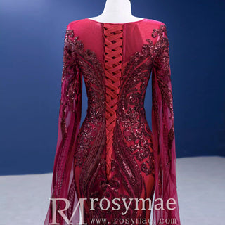 High-end Vintage Burgundy Beading Sequins Evening Dress - Rosymae
