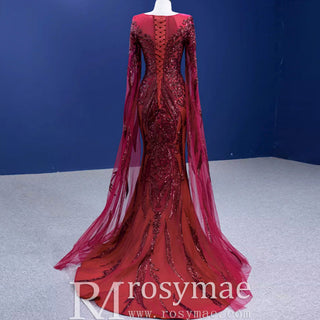 High-end Vintage Burgundy Beading Sequins Evening Dress - Rosymae