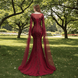 High-end Vintage Burgundy Beading Sequins Evening Dress - Rosymae